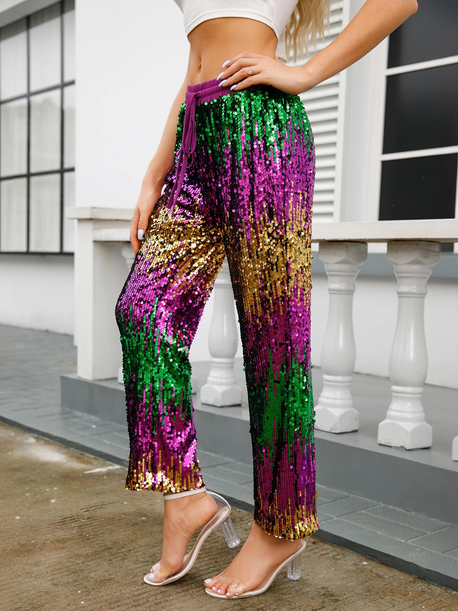 Mardi Gras Sequin Party Pants for Women Festive Pants