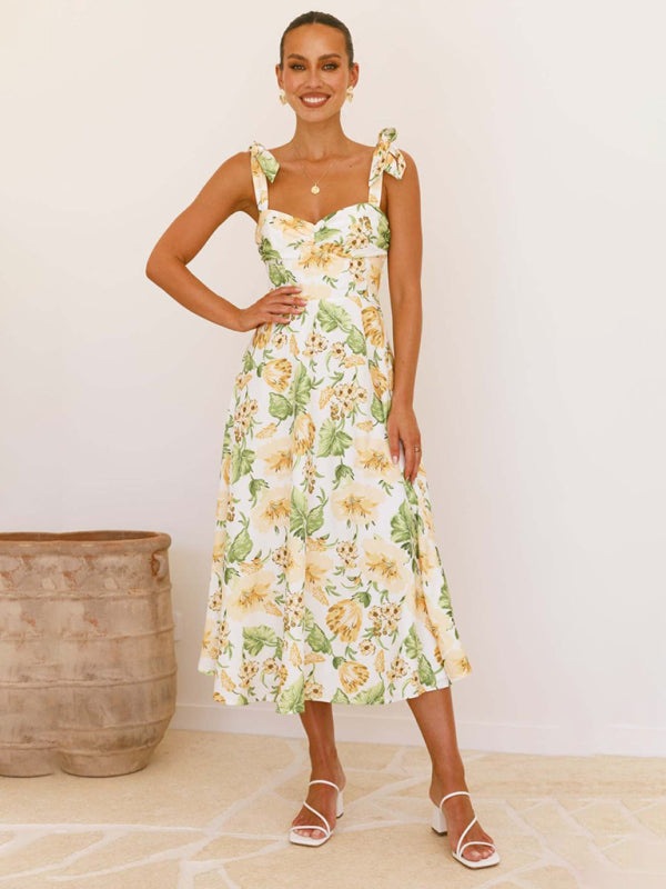 Floral Gathered Bust Dress with Tie Shoulders Floral Dresses