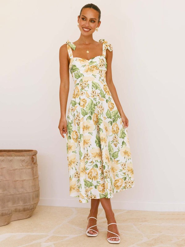 Floral Gathered Bust Dress with Tie Shoulders Floral Dresses