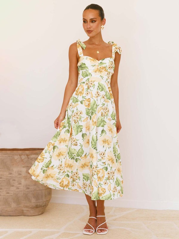 Floral Gathered Bust Dress with Tie Shoulders Floral Dresses