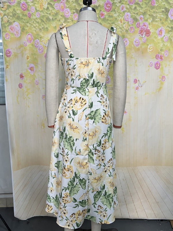 Floral Gathered Bust Dress with Tie Shoulders Floral Dresses