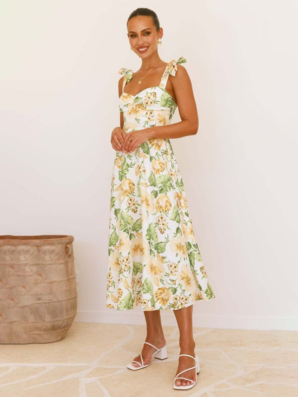 Floral Gathered Bust Dress with Tie Shoulders Floral Dresses