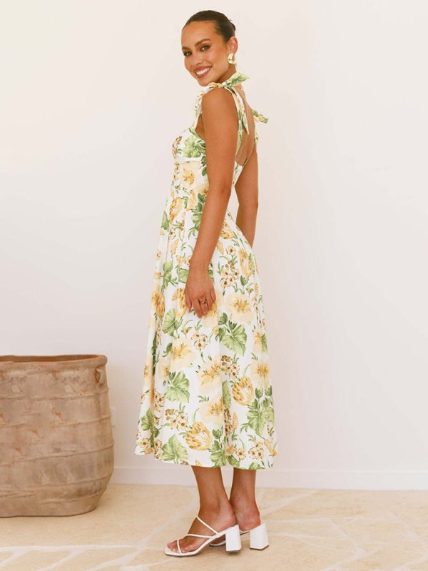 Floral Gathered Bust Dress with Tie Shoulders Floral Dresses