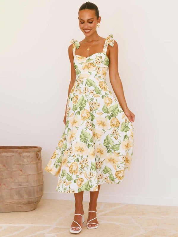 Floral Gathered Bust Dress with Tie Shoulders Floral Dresses