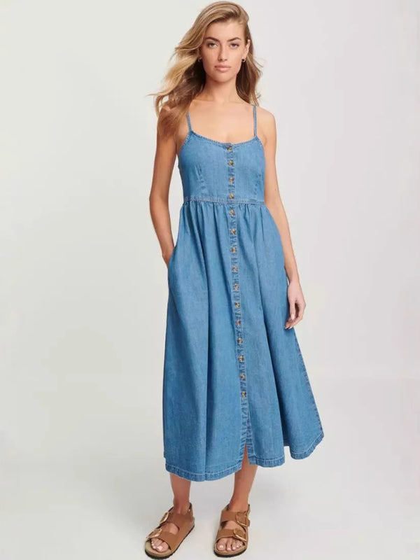 Casual Denim Midi Dress with Adjustable Straps	