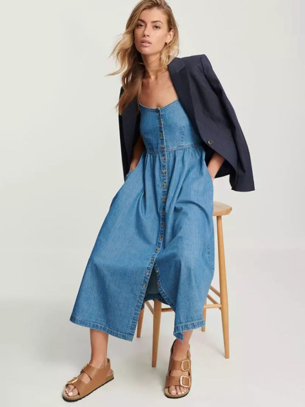 Button-Front Denim Midi Dress for Everyday Wear Casual Dresses