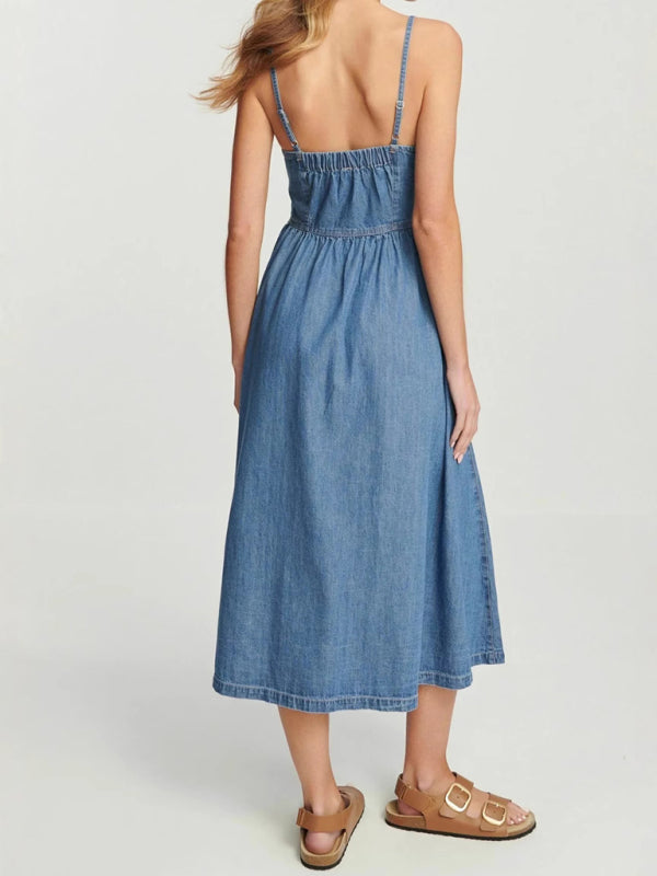 Button-Front Denim Midi Dress for Everyday Wear Casual Dresses