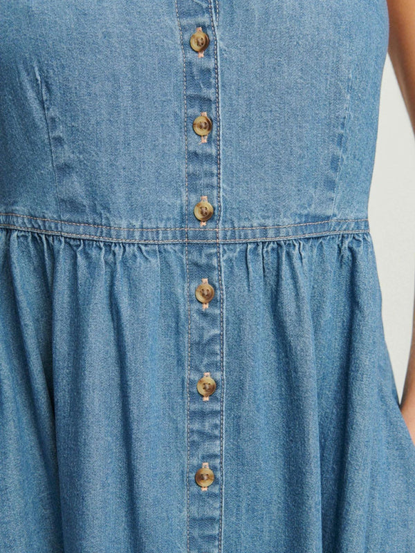 Button-Front Denim Midi Dress for Everyday Wear Casual Dresses