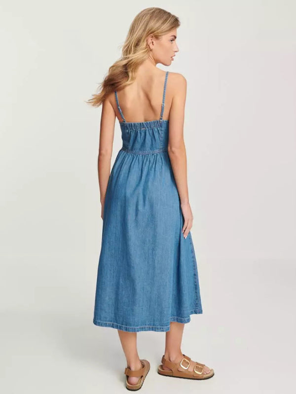 Button-Front Denim Midi Dress for Everyday Wear Casual Dresses