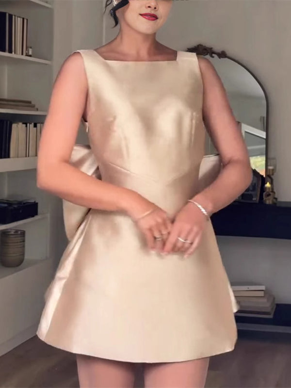 Elegant Satin Silk Cocktail Dress with Bowknot	