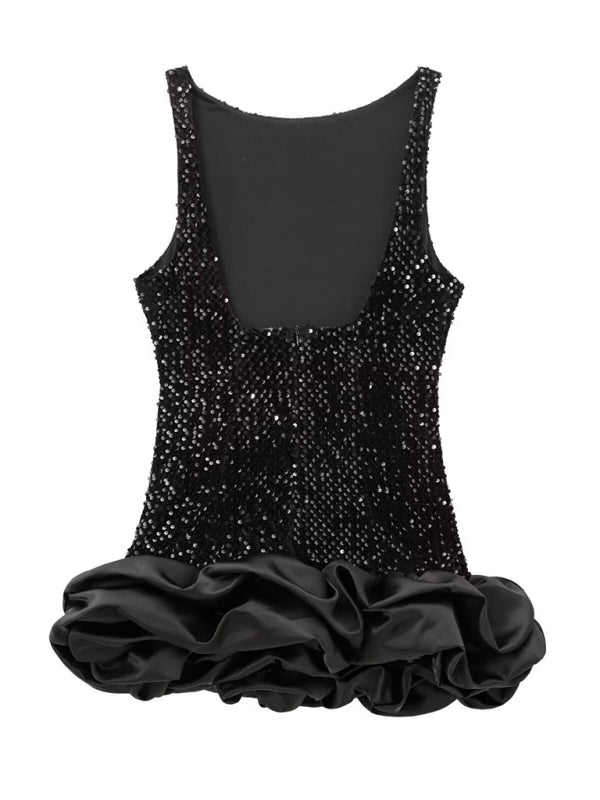 Elegant Sparkle Mini Dress with Satin Flounce Hem Party Dresses