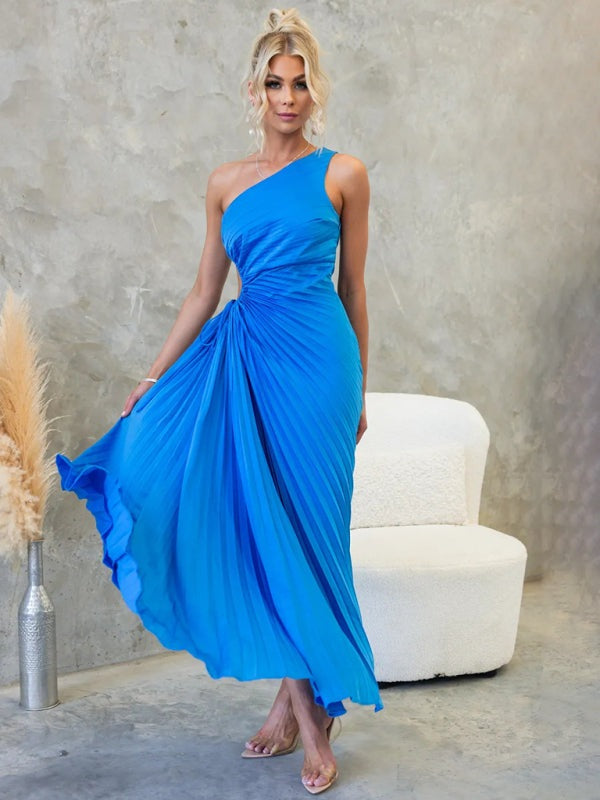 Elegant One-Shoulder Pleated Maxi Dress for Special Occasions	