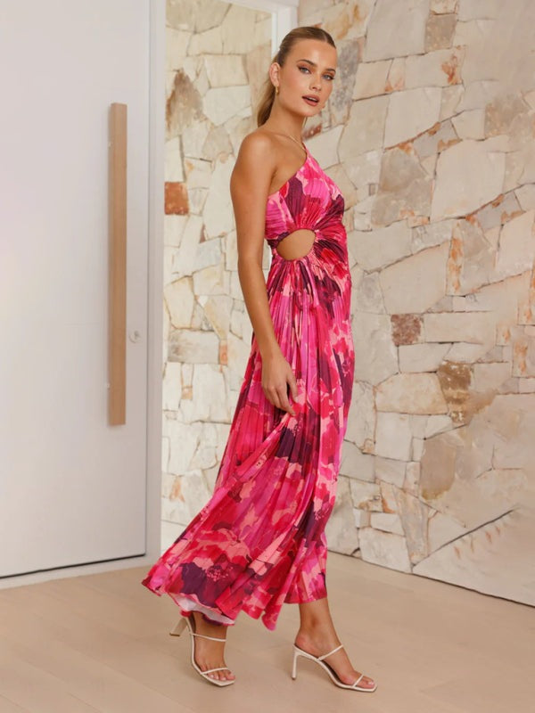 Elegant Pleated Maxi Dress with Asymmetrical Neckline Elegant