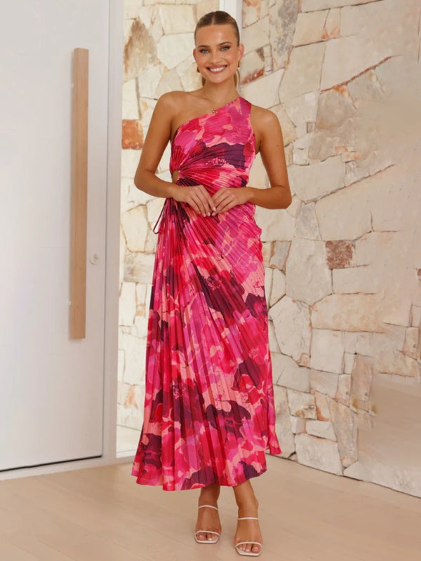 Elegant Pleated Maxi Dress with Asymmetrical Neckline Elegant