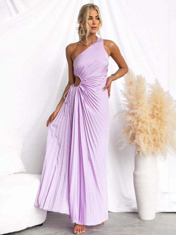 Elegant Pleated Maxi Dress with Asymmetrical Neckline Elegant