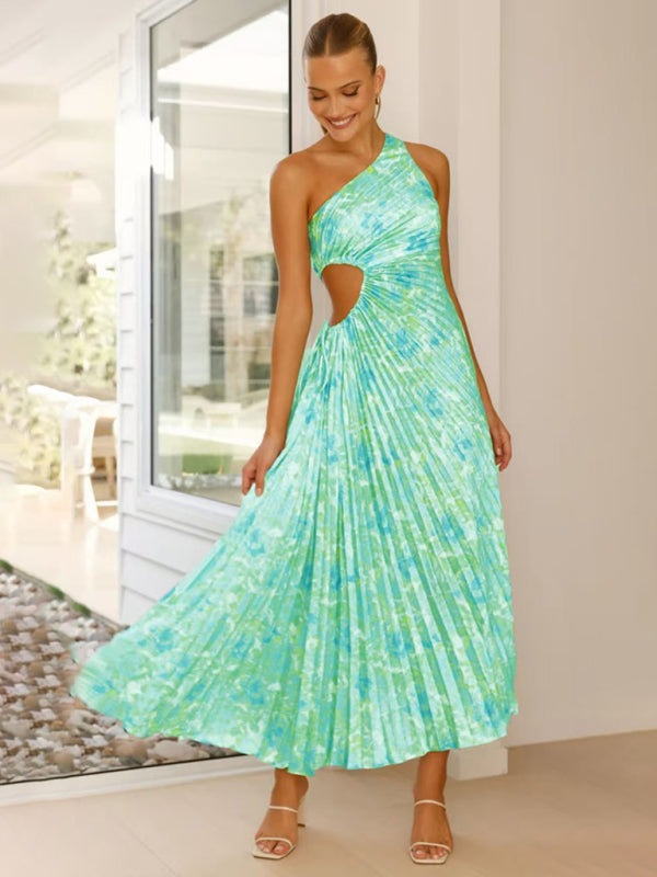 Elegant Pleated Maxi Dress with Asymmetrical Neckline Elegant