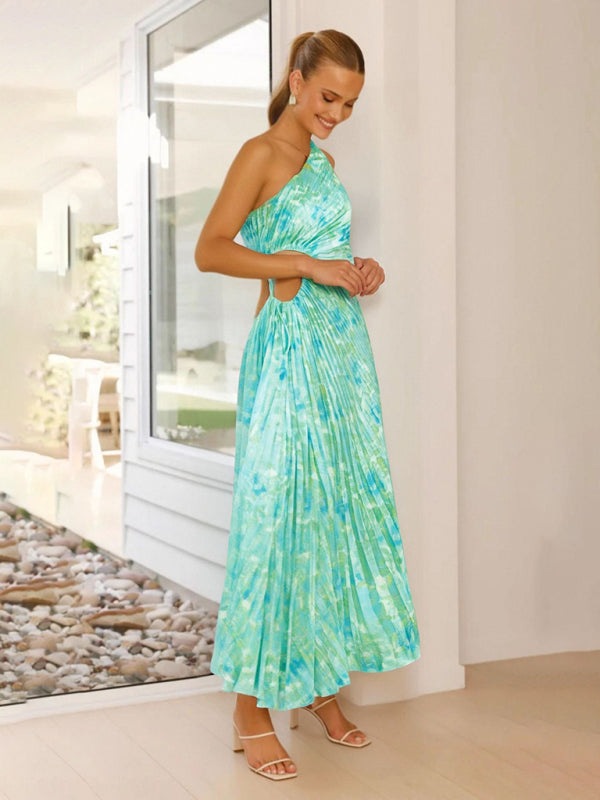 Elegant Pleated Maxi Dress with Asymmetrical Neckline Elegant