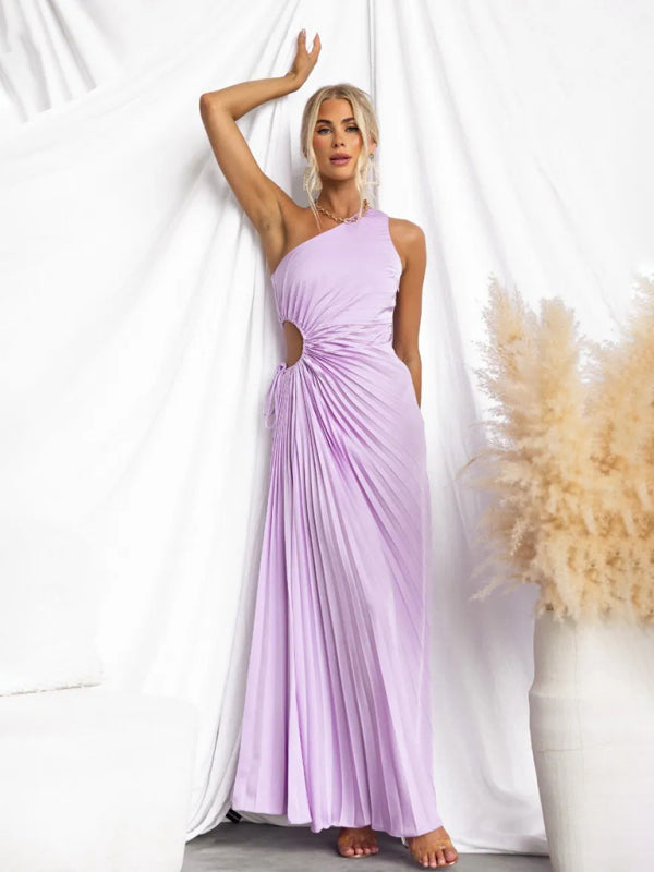 Elegant Pleated Maxi Dress with Asymmetrical Neckline Elegant