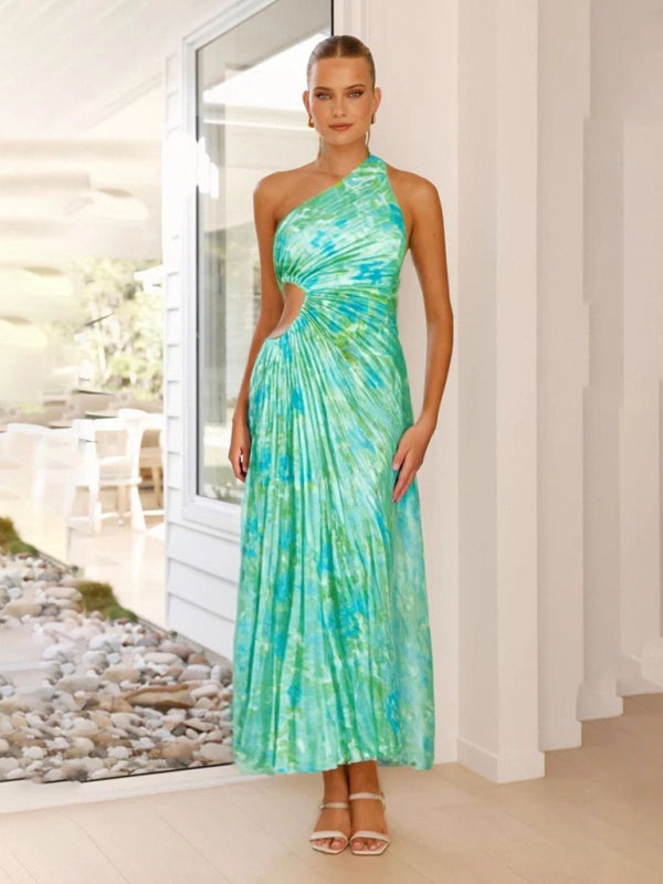 Elegant Pleated Maxi Dress with Asymmetrical Neckline Elegant