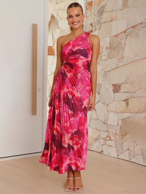 Elegant Pleated Maxi Dress with Asymmetrical Neckline Elegant