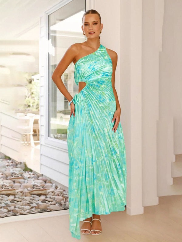 Elegant Pleated Maxi Dress with Asymmetrical Neckline Elegant