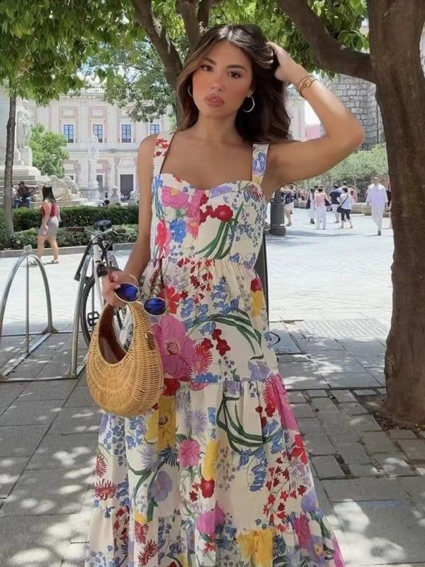 Casual Floral Maxi Dress with Sweetheart Neckline Casual Dresses