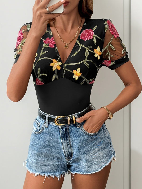 Embroidered Bodysuit with Mesh Sleeves Bodysuits