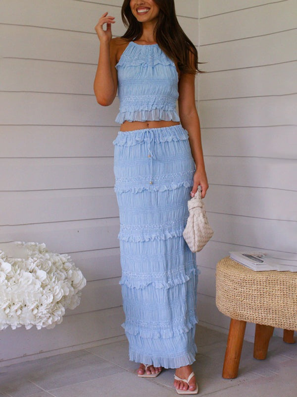 Summer Chiffon Halter Set for Women with Maxi Skirt Matching