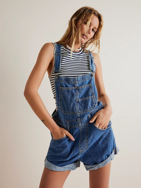 Cotton Denim Playsuit with Folded Hem - Overalls Denim Playsuit