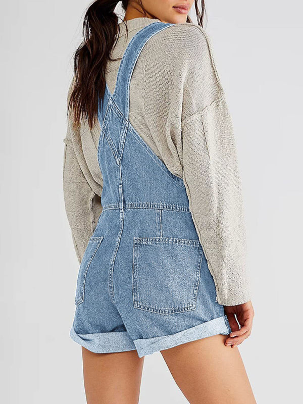 Cotton Denim Playsuit with Folded Hem - Overalls Denim Playsuit