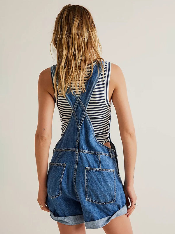 Cotton Denim Playsuit with Folded Hem - Overalls Denim Playsuit