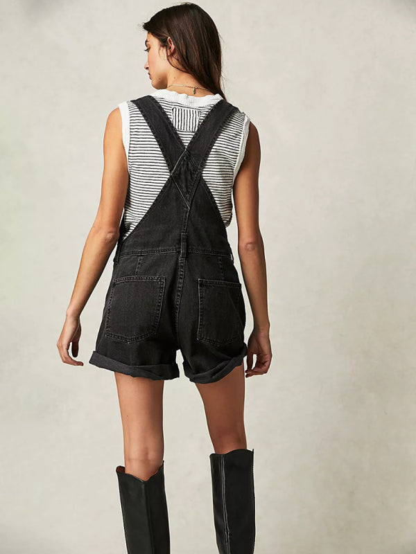 Cotton Denim Playsuit with Folded Hem - Overalls Denim Playsuit