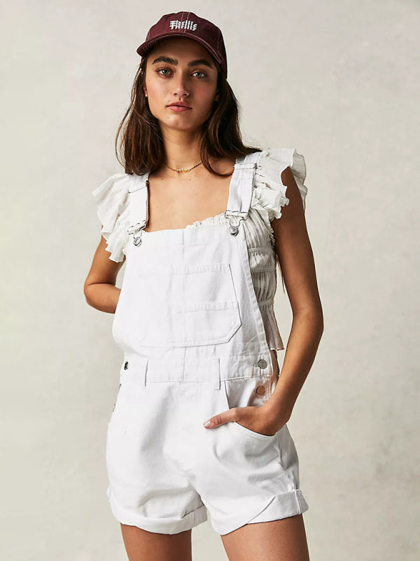 Cotton Denim Playsuit with Folded Hem - Overalls Denim Playsuit