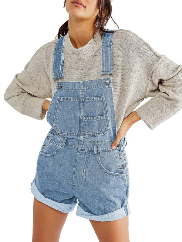 Cotton Denim Playsuit with Folded Hem - Overalls Denim Playsuit