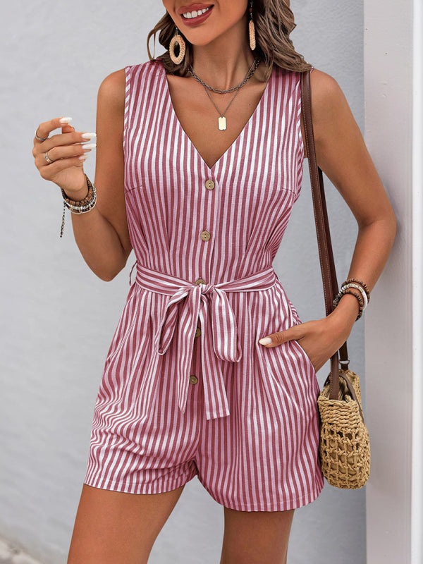 Trendy Striped Playsuit with Pockets - Buttoned Romper Rompers