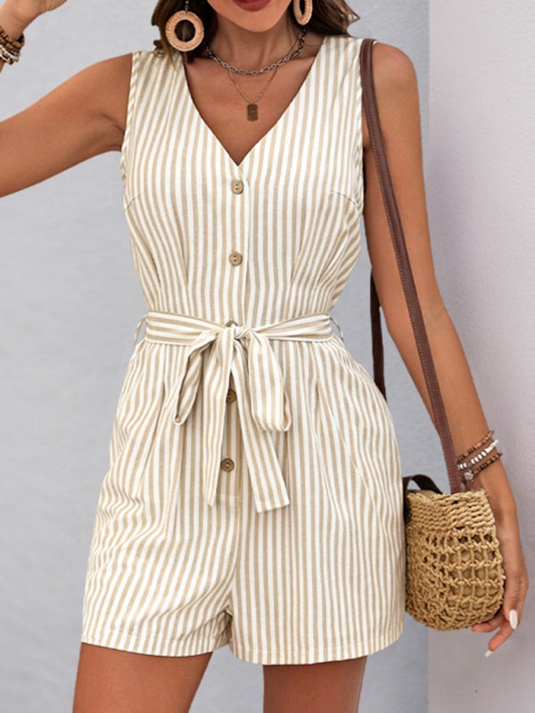 Trendy Striped Playsuit with Pockets - Buttoned Romper Rompers