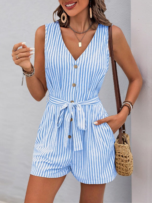 Trendy Striped Playsuit with Pockets - Buttoned Romper Rompers