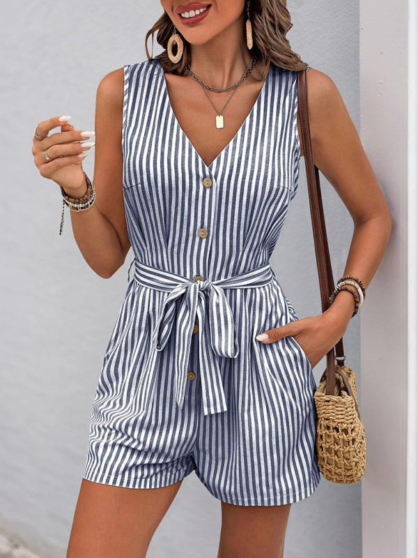 Trendy Striped Playsuit with Pockets - Buttoned Romper Rompers