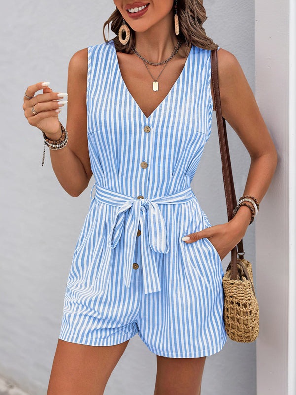 Trendy Striped Playsuit with Pockets - Buttoned Romper Rompers