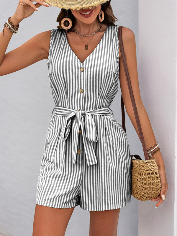 Trendy Striped Playsuit with Pockets - Buttoned Romper Rompers