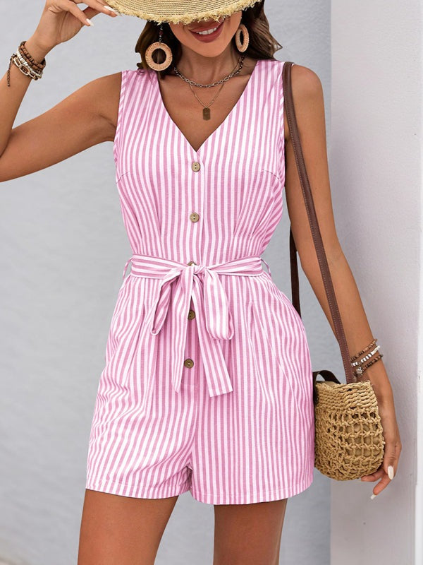 Trendy Striped Playsuit with Pockets - Buttoned Romper Rompers