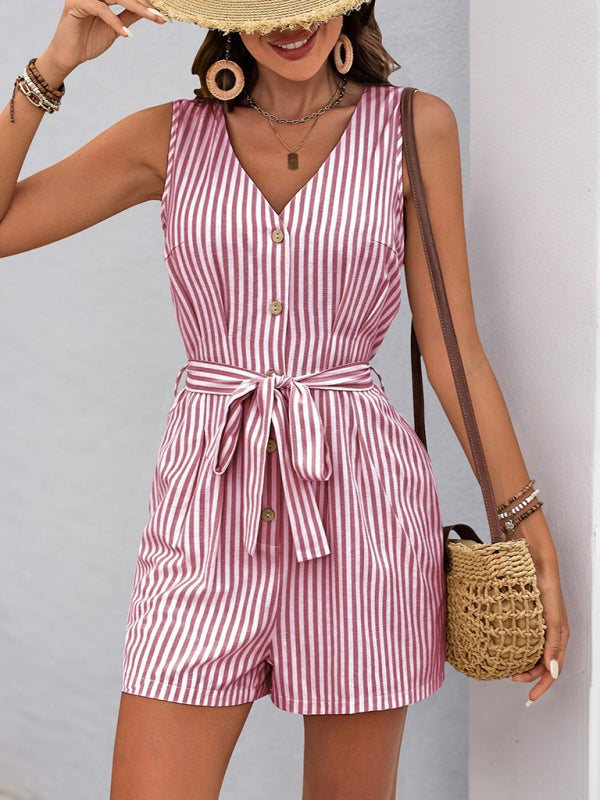 Trendy Striped Playsuit with Pockets - Buttoned Romper Rompers