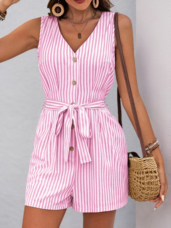 Trendy Striped Playsuit with Pockets - Buttoned Romper Rompers