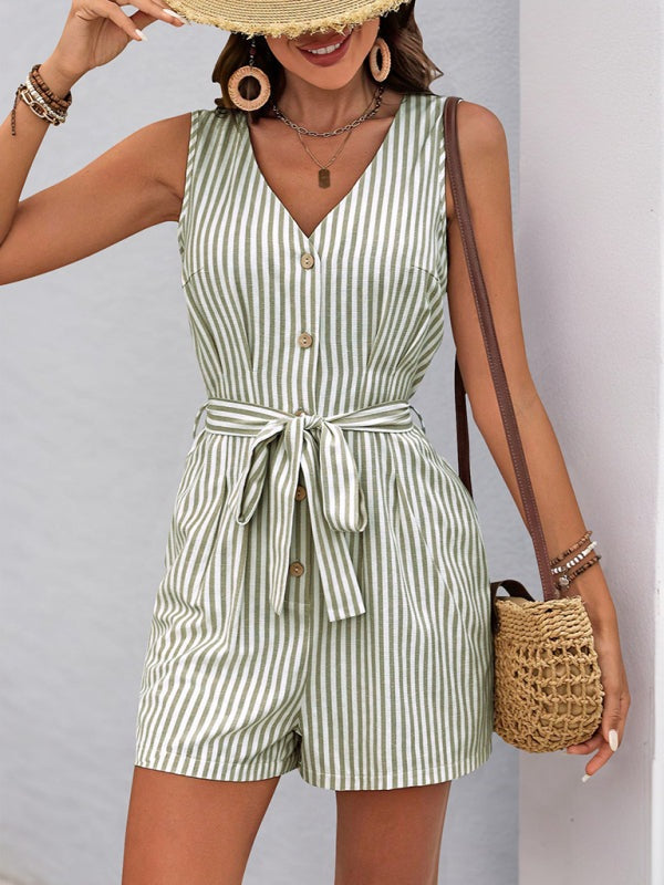 Trendy Striped Playsuit with Pockets - Buttoned Romper Rompers