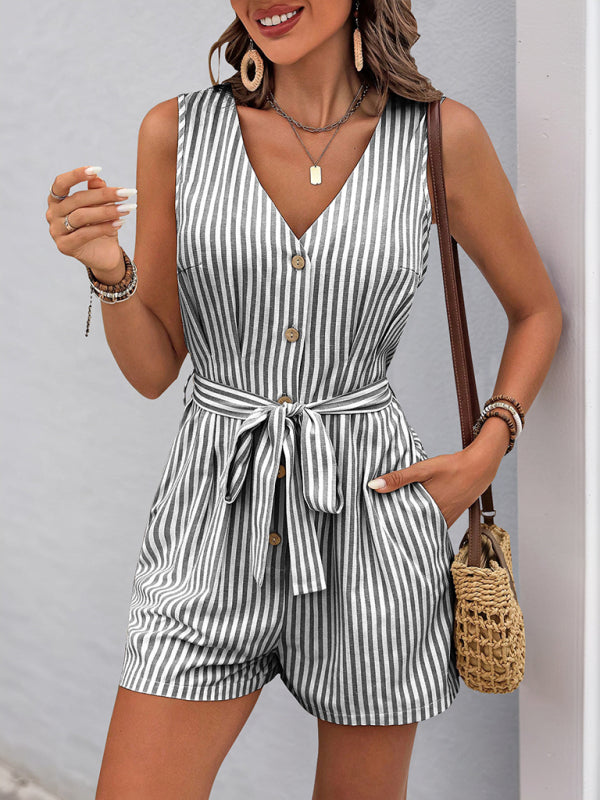 Trendy Striped Playsuit with Pockets - Buttoned Romper Rompers