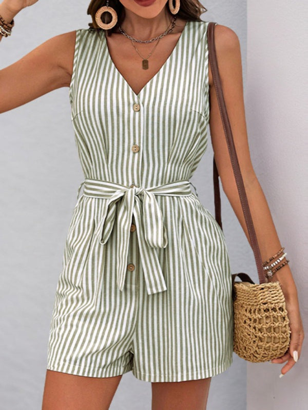 Trendy Striped Playsuit with Pockets - Buttoned Romper Rompers