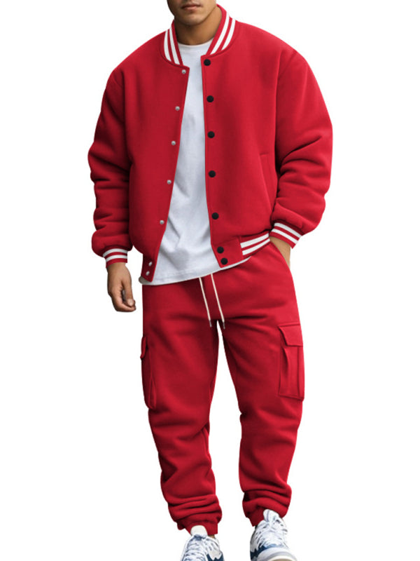 Men's Sporty Baseball-Inspired Fleece Tracksuit Set - Essential