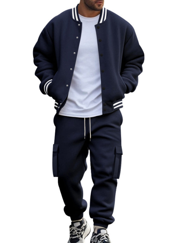 Men's Sporty Baseball-Inspired Fleece Tracksuit Set - Essential