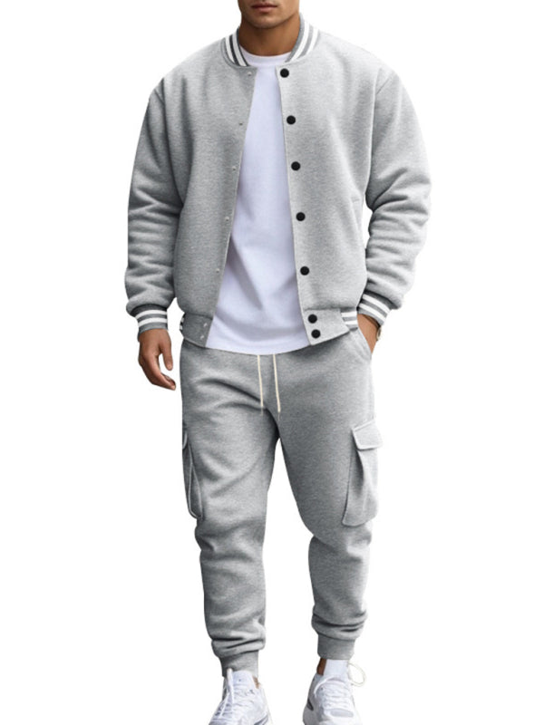 Men's Sporty Baseball-Inspired Fleece Tracksuit Set - Essential