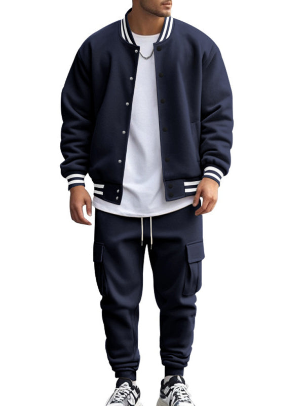 Men's Sporty Baseball-Inspired Fleece Tracksuit Set - Essential